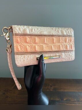 Brahmin Cream & Pink Croc-Embossed Leather Wallet Wristlet  with Gold Hardware
